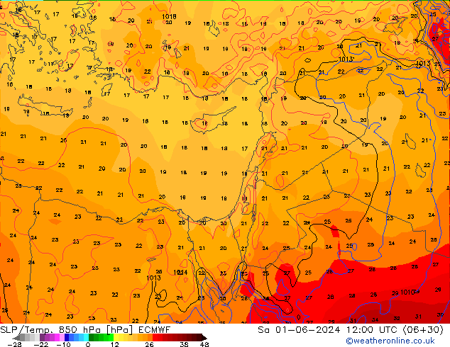 SLP/Temp. 850 hPa ECMWF so. 01.06.2024 12 UTC