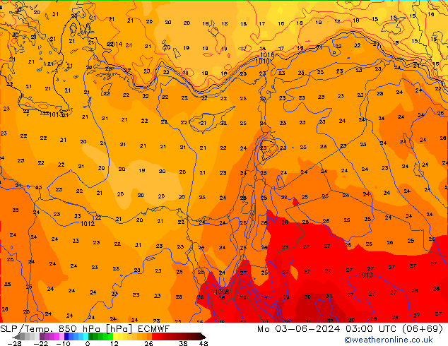 SLP/Temp. 850 hPa ECMWF ma 03.06.2024 03 UTC