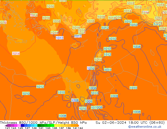 Espesor 850-1000 hPa ECMWF dom 02.06.2024 18 UTC