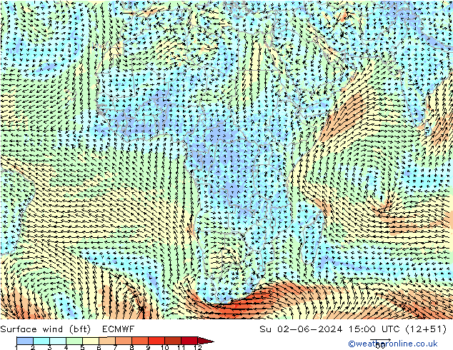 Surface wind (bft) ECMWF Su 02.06.2024 15 UTC