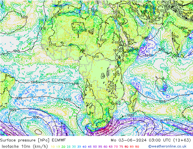 Isotachs (kph) ECMWF Po 03.06.2024 03 UTC