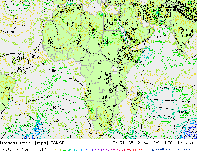 Isotachs (mph) ECMWF  31.05.2024 12 UTC