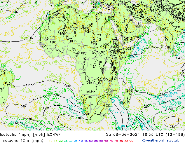 Isotachs (mph) ECMWF sab 08.06.2024 18 UTC