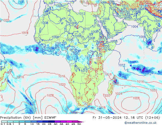 Totale neerslag (6h) ECMWF vr 31.05.2024 18 UTC