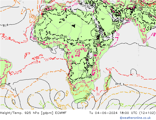 Yükseklik/Sıc. 925 hPa ECMWF Sa 04.06.2024 18 UTC
