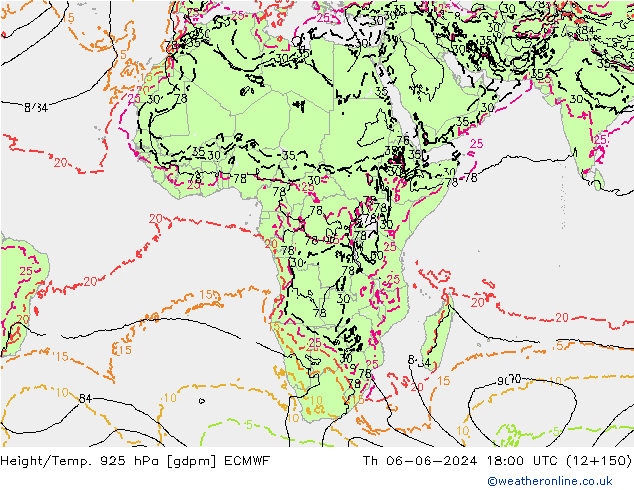Hoogte/Temp. 925 hPa ECMWF do 06.06.2024 18 UTC