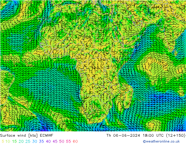 Viento 10 m ECMWF jue 06.06.2024 18 UTC