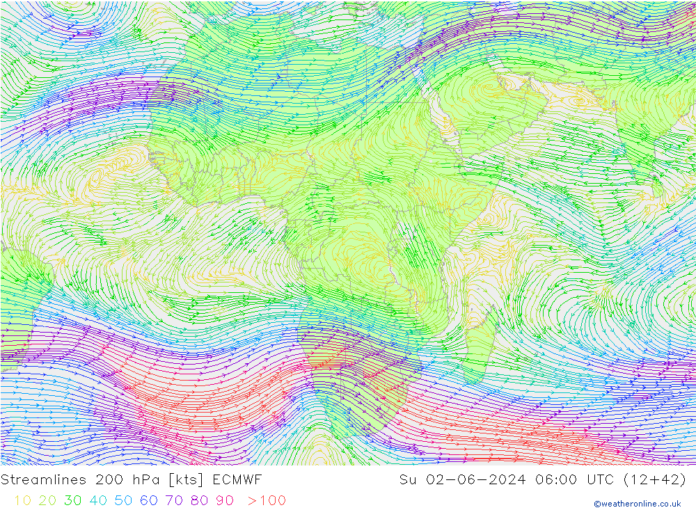Streamlines 200 hPa ECMWF Su 02.06.2024 06 UTC