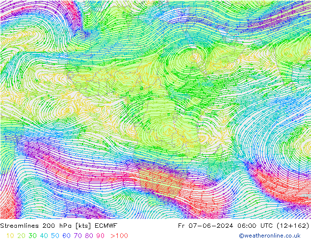Linea di flusso 200 hPa ECMWF ven 07.06.2024 06 UTC