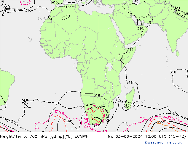 Height/Temp. 700 hPa ECMWF Po 03.06.2024 12 UTC