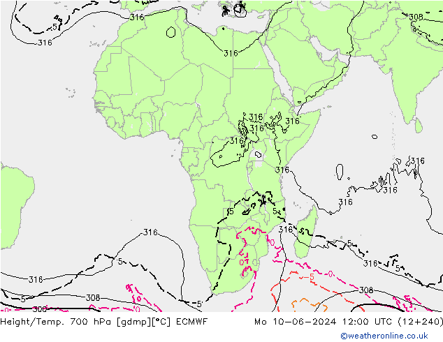 Geop./Temp. 700 hPa ECMWF lun 10.06.2024 12 UTC