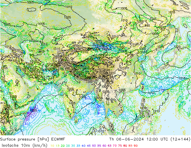 Izotacha (km/godz) ECMWF czw. 06.06.2024 12 UTC