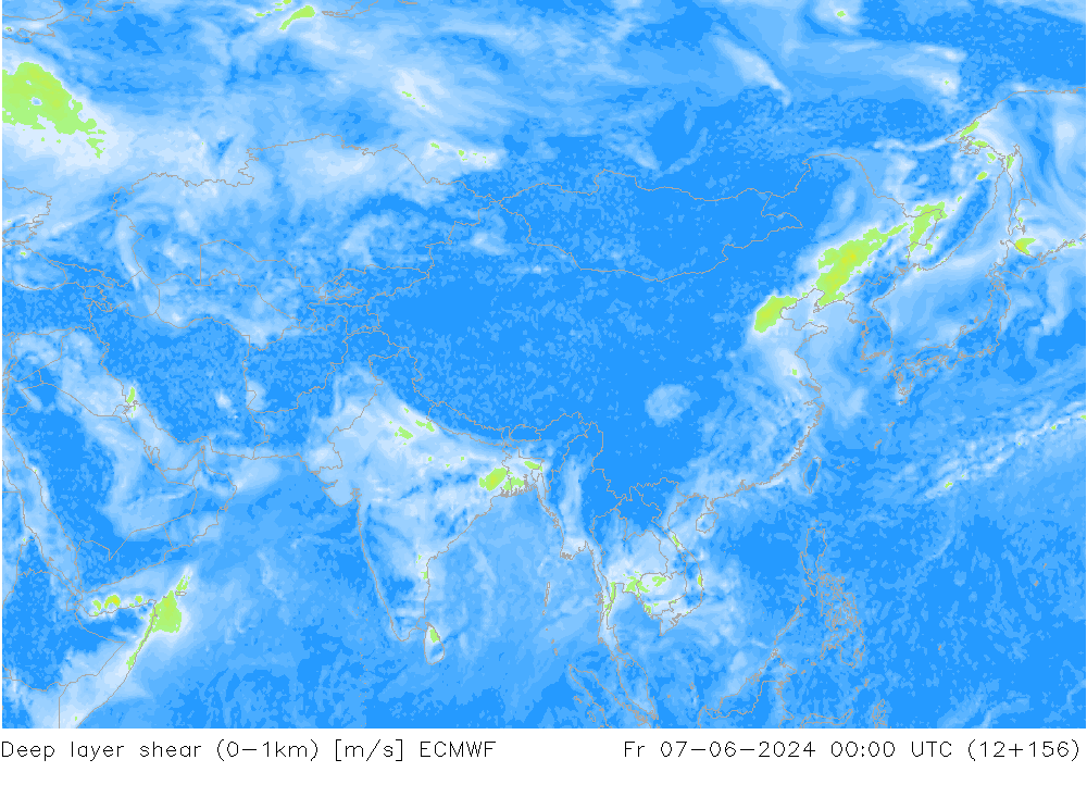 Deep layer shear (0-1km) ECMWF Cu 07.06.2024 00 UTC