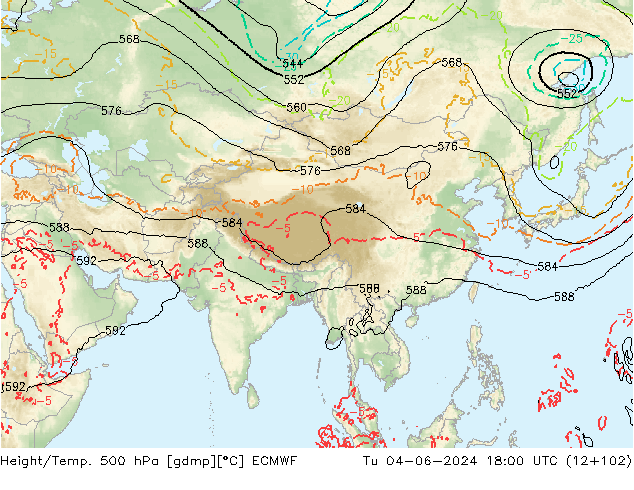 Hoogte/Temp. 500 hPa ECMWF di 04.06.2024 18 UTC