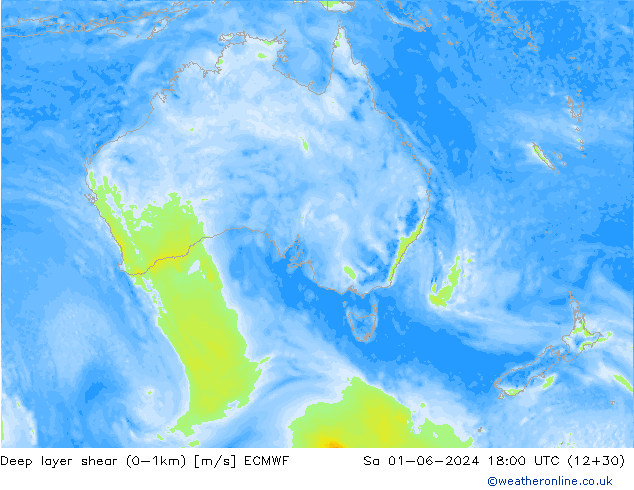 Deep layer shear (0-1km) ECMWF sáb 01.06.2024 18 UTC