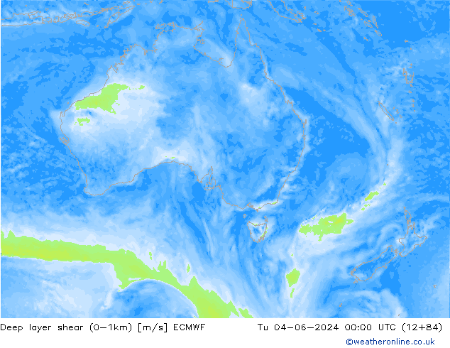 Deep layer shear (0-1km) ECMWF Tu 04.06.2024 00 UTC