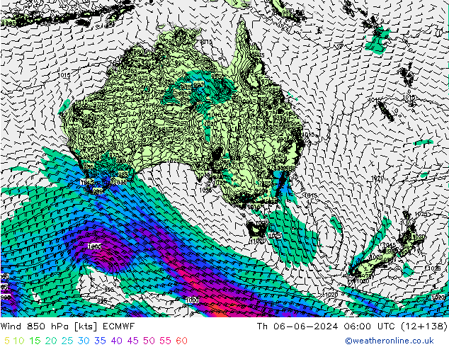 wiatr 850 hPa ECMWF czw. 06.06.2024 06 UTC