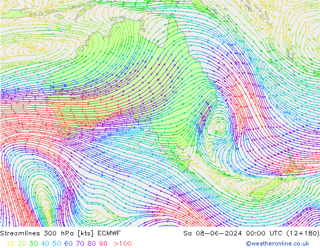 Streamlines 300 hPa ECMWF Sa 08.06.2024 00 UTC