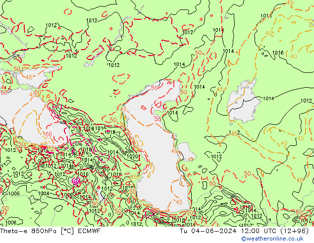Theta-e 850hPa ECMWF Tu 04.06.2024 12 UTC
