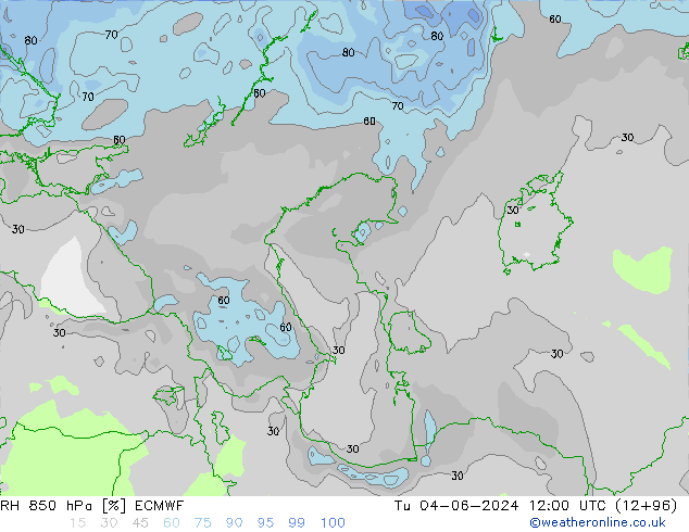 Humidité rel. 850 hPa ECMWF mar 04.06.2024 12 UTC