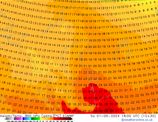 Hoogte/Temp. 850 hPa ECMWF za 01.06.2024 18 UTC