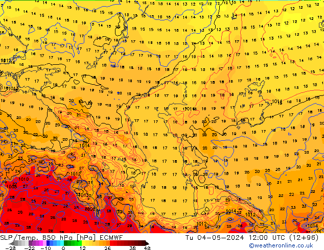 SLP/Temp. 850 hPa ECMWF Tu 04.06.2024 12 UTC