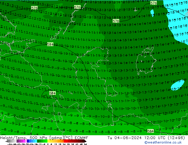 Z500/Rain (+SLP)/Z850 ECMWF Tu 04.06.2024 12 UTC