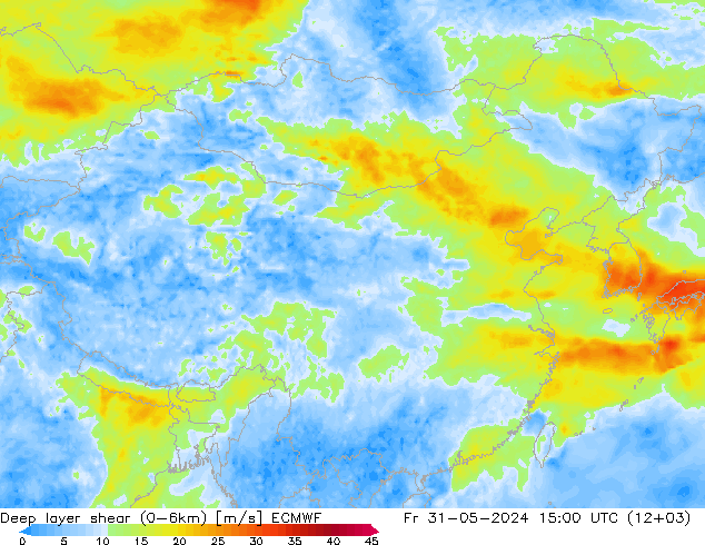 Deep layer shear (0-6km) ECMWF 星期五 31.05.2024 15 UTC