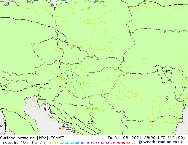Isotachs (kph) ECMWF Tu 04.06.2024 06 UTC