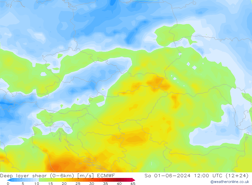 Deep layer shear (0-6km) ECMWF sam 01.06.2024 12 UTC