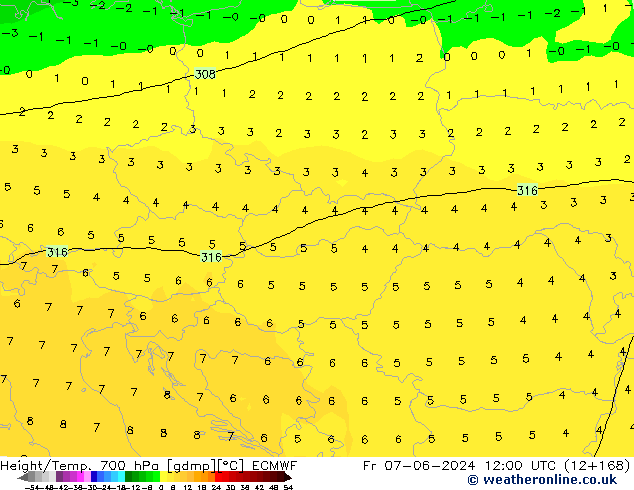 Height/Temp. 700 hPa ECMWF Pá 07.06.2024 12 UTC