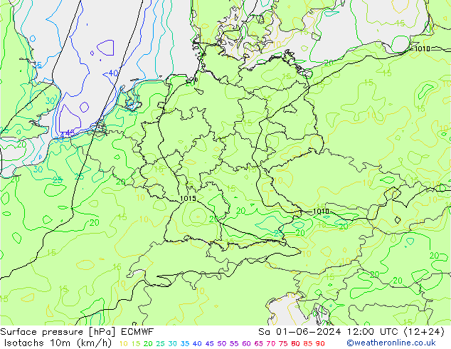 Isotachen (km/h) ECMWF Sa 01.06.2024 12 UTC