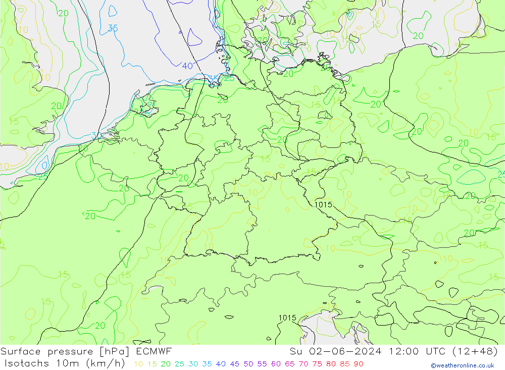 Isotachs (kph) ECMWF Su 02.06.2024 12 UTC