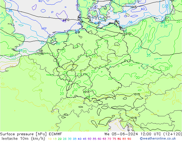 Isotachen (km/h) ECMWF wo 05.06.2024 12 UTC