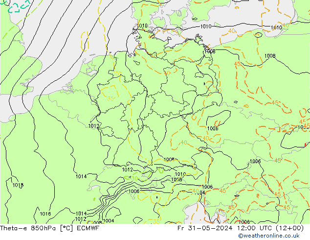 Theta-e 850hPa ECMWF  31.05.2024 12 UTC