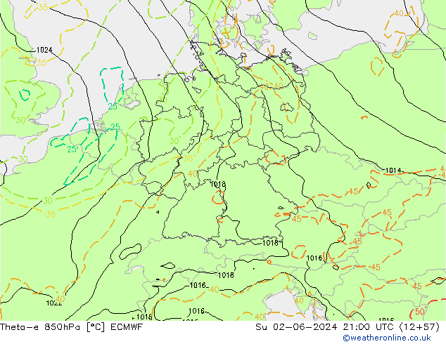 Theta-e 850hPa ECMWF Su 02.06.2024 21 UTC