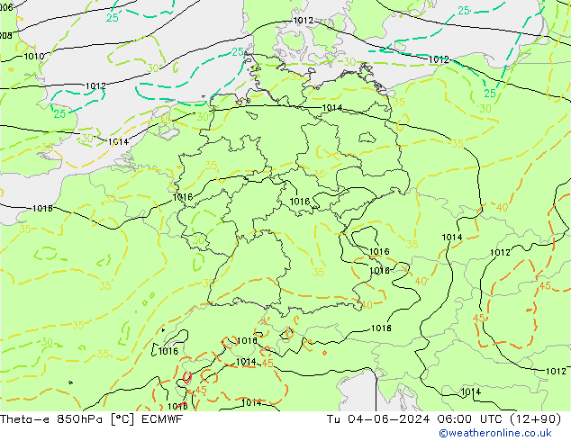 Theta-e 850hPa ECMWF Tu 04.06.2024 06 UTC