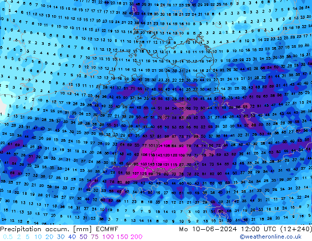 Precipitation accum. ECMWF Mo 10.06.2024 12 UTC