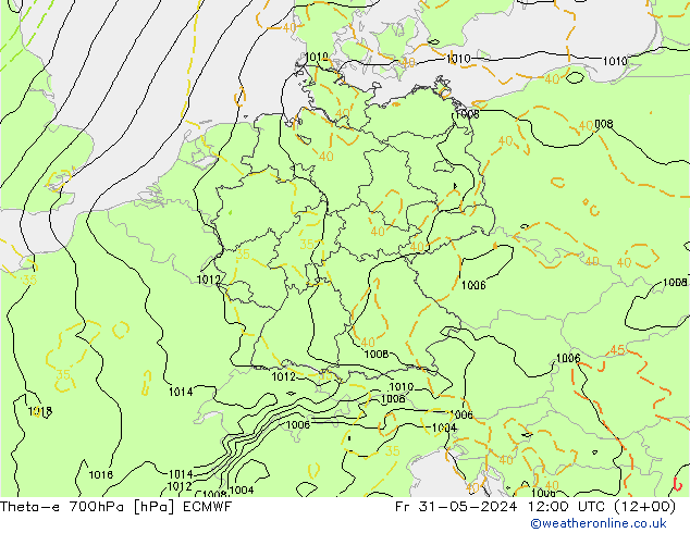 Theta-e 700hPa ECMWF Fr 31.05.2024 12 UTC