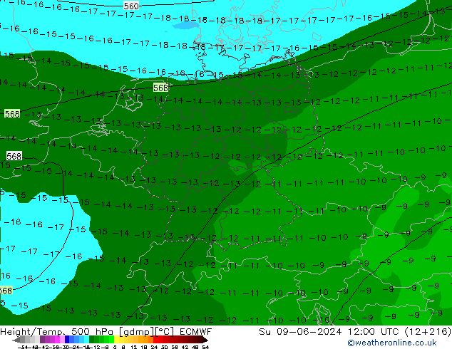 Z500/Rain (+SLP)/Z850 ECMWF Su 09.06.2024 12 UTC