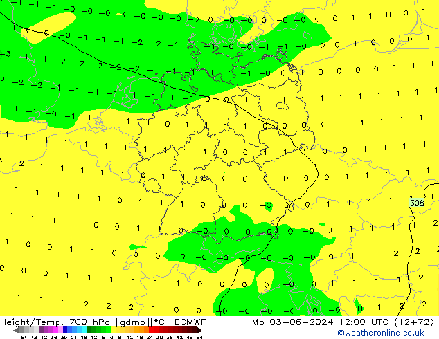 Height/Temp. 700 hPa ECMWF Mo 03.06.2024 12 UTC