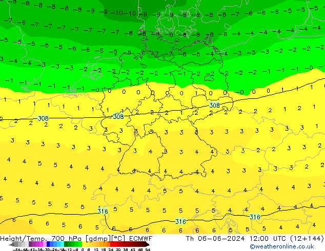 Height/Temp. 700 hPa ECMWF Th 06.06.2024 12 UTC