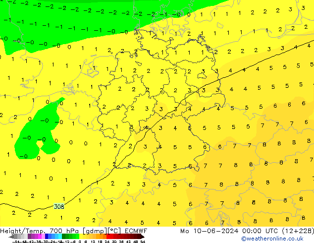 Geop./Temp. 700 hPa ECMWF lun 10.06.2024 00 UTC