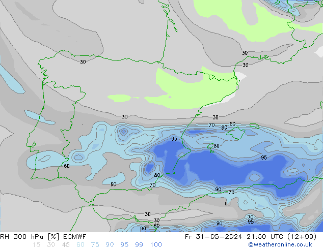 RH 300 hPa ECMWF Sex 31.05.2024 21 UTC