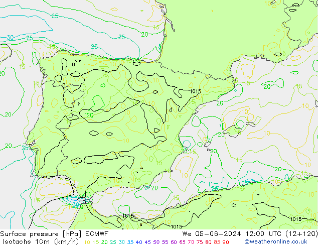 Isotachen (km/h) ECMWF wo 05.06.2024 12 UTC