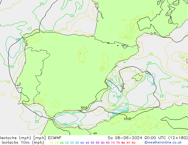 Isotachen (mph) ECMWF za 08.06.2024 00 UTC