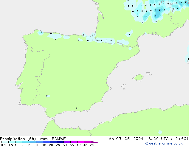 Precipitation (6h) ECMWF Po 03.06.2024 00 UTC