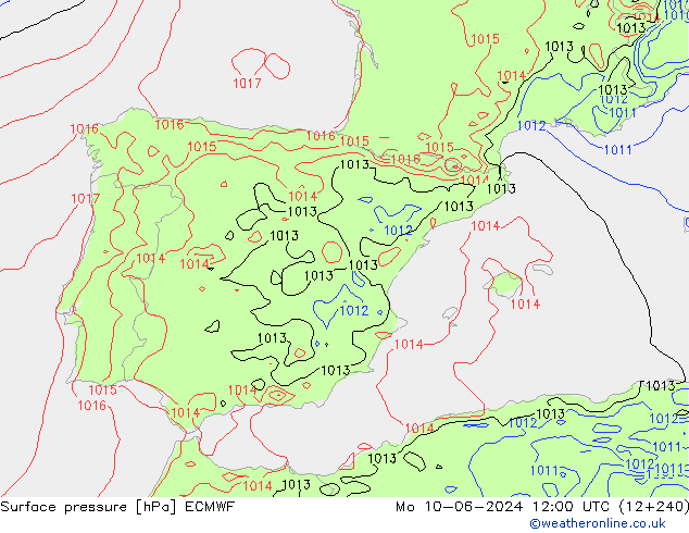 Luchtdruk (Grond) ECMWF ma 10.06.2024 12 UTC