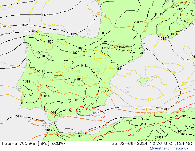 Theta-e 700hPa ECMWF  02.06.2024 12 UTC