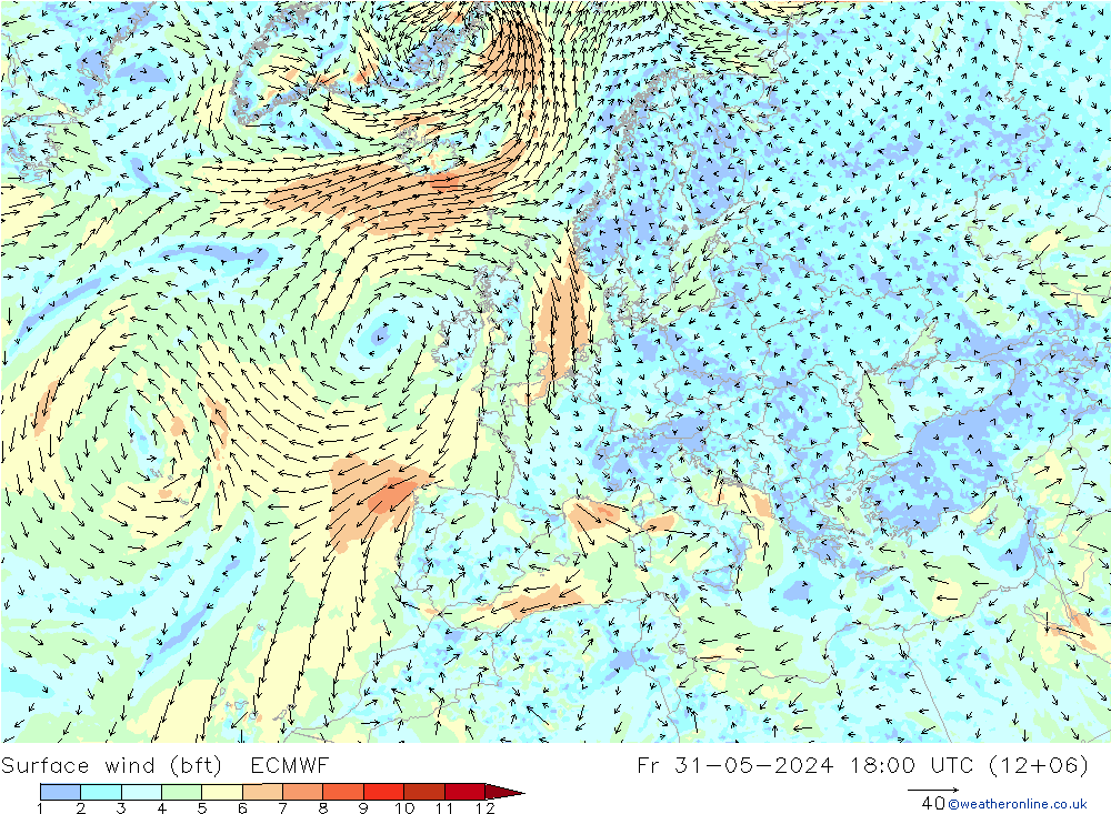 Rüzgar 10 m (bft) ECMWF Cu 31.05.2024 18 UTC